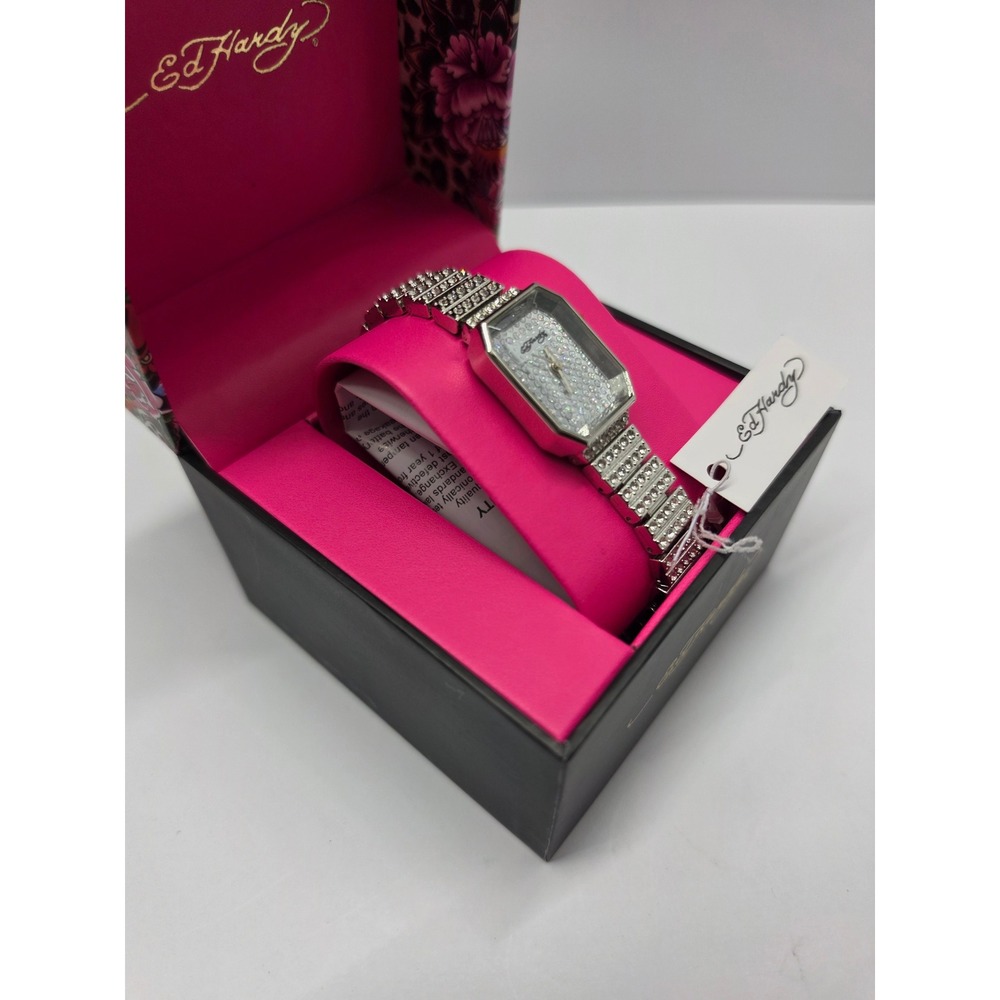 Ed Hardy Womens Rhinestone Silver Watch Y2K Octagon Face Original Box NWT - Picture 2 of 5